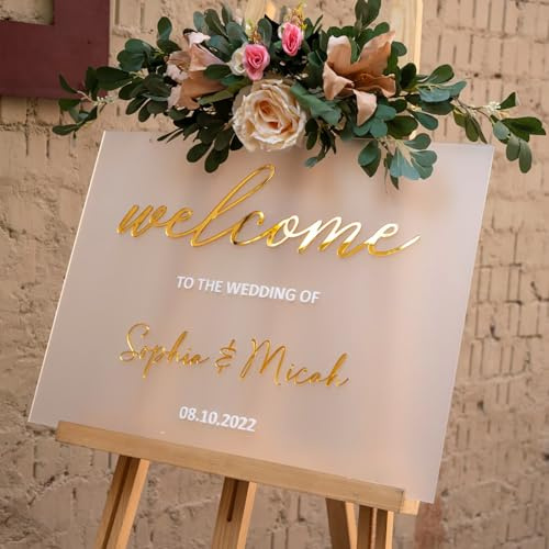 Welcome to Our Wedding – Personalisiertes Acryl-Hochzeitsschild | 3D Frosted Gold Garten Stil | Personalisiert mit Namen & Datum (Welcome to The Wedding of)