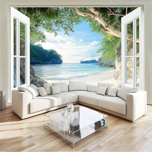 Générique Papier Peint 3D Panoramique Vue La Fenêtre Sur La Plage Tropicale Intissé Peinture Vert Murale Décor Mural, Pour Salon Chambre Tv Fond Murale Décoration 200 X 140 Cm