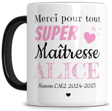 Mug personnalisable avec Texte STARMUG MAITRESSE PRENOM, Cadeau Maitresse d'ecole fin d'année, cadeau pour enseignante, merci maitresse, blanc brillant avec anse et interieur noir - 330ml