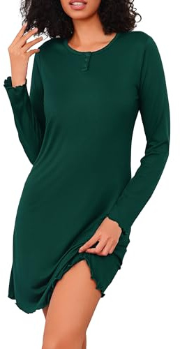 Demegimi Chemise de Nuit Femme Coton à Manches Longues Nuisette Élégante avec Dentelle et Col en V Vêtements de Nuit Chauds pour Automne Hiver