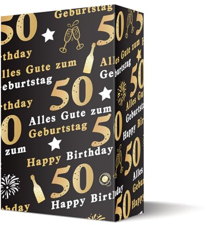 Ovanda Geschenkpapier 50 Geburtstag 5 Sheets 70 x 50 cm Schwarz Gold, Geschenkpapier Geburtstag mit Happy Birthday und 50 Design, Deko 50 Geburtstag Mann Frau, Gift Wrapping Paper für Party Geschenke