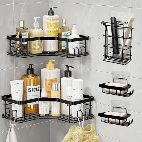 Toguma Mensola per doccia ad angolo senza foratura, organizer da bagno, 5 pezzi, scaffale per doccia, contenitore e organizzazione per la casa, scaffale per il bagno, 12 ganci, colore nero
