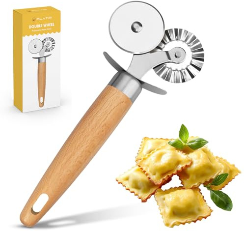 Pasta Cutter Wheel - Fluted Pastry Cutter Double Wheel Ravioli Cutter Tool with Wooden Handle for Pasta Pizza Ravioli Cookie
