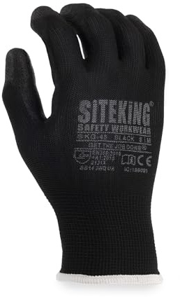 SITE KING PU Palm Work Gloves 12 Pairs, Safety Grip Gloves for Builders | Safety Gloves for Precision Tasks, Construction, Warehouse & Gardening – Black XL