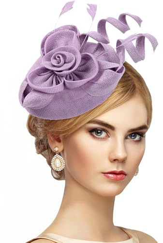ETOFETE Ladies Fascinator Hat Retro Small Feather Bride Guests Hair Accessories for Weddings, Cute Ascot Hatinator for Women UK Light Purple