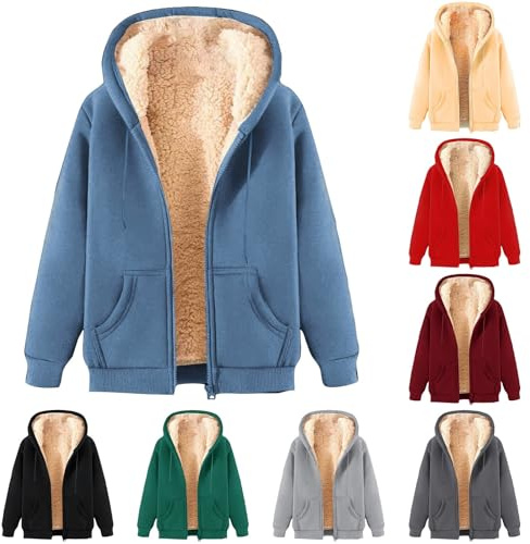 Zeiayuas Fleecejacke Damen mit Kapuze Winter Sweatjacke mit Taschen Warm Winterjacke Lässige Teddyfleece Wollmantel GroßE GrößEn Kapuzenpullover Elegant Einfarbig ÜBergangsjacke ReißVerschluss Jacke