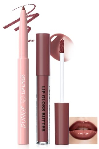 Prreal Juego de 2 delineadores de labios marrones y brillo de labios, mate, con aceite hidratante y duradero, resistente al agua, suave y sedoso, 03