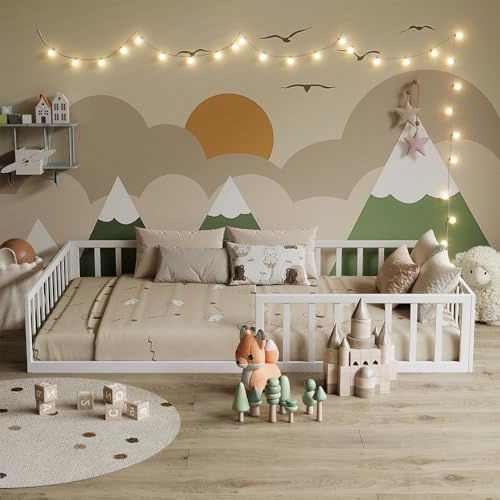 VitaliSpa Bodenbett Minno 120x200 cm, Montessori Kinderbett aus Metall mit Rausfallschutz und Matratze, Weiß