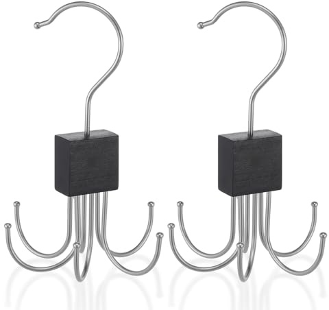 LXUEJIE 2 PCS Belt Hanger For Closet, 360° Swivel Belt Organizer with 6 Hooks Space-Saving Tie Rack Metal & Wood Bra Storage for Belts Ties Socks Gloves