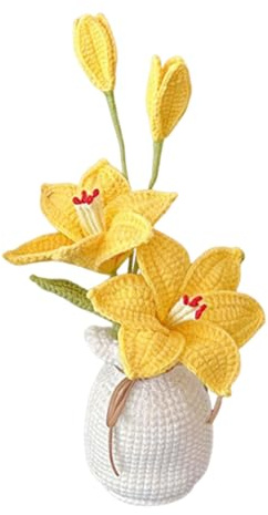 Magicherry Bouquet di giglio lavorato a maglia all'uncinetto con vaso, 24 cm, lavorato a maglia, fiore intrecciato a mano con squisito vaso per donne, regalo di compleanno, decorazione per casa