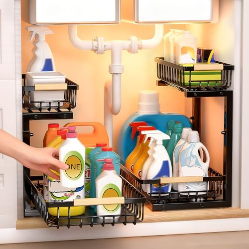 ZELOREA Under Sink Organizer, Heavy-Duty & Rust-Resistant Carbon Steel Metal, 2 Tier Pull Out Under Bathroom Sink Storage, Adjustable Height (13.8 -16.9), Organizer for Kitchen Cabinet(2PCS,Black)