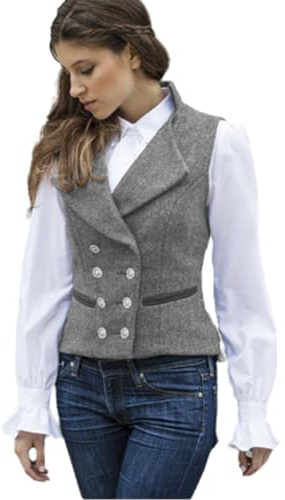 CAMDOM Gilet de travail vintage des années 50 en tweed pour femme - Coupe ajustée - Col en V - Double boutonnage avec poches - Blazers sans manches