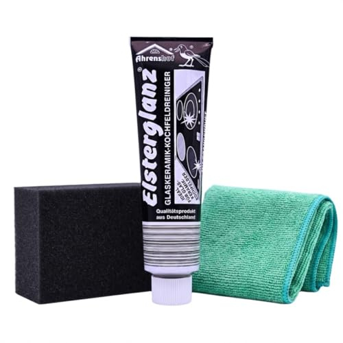 WEVOH Elsterglanz Glaskeramikreiniger Set, Ceranfeldreiniger und Glas Keramik Politur für Cerankochfeld, 150 ml, inkl. Polierschwamm und Mikrofasertuch zur Kochfeld Reinigung