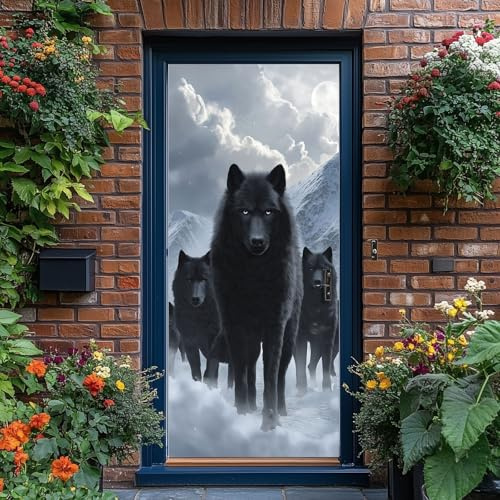 Adesivi per Porte 3D per porte Autoadesivo Naturale Animali Lupi Montagne Innevate Nero Grigio fotomurali Decorazione da Parete Poster murale Rimovibile Soggiorno Camera da letto, 77 x 200 cm