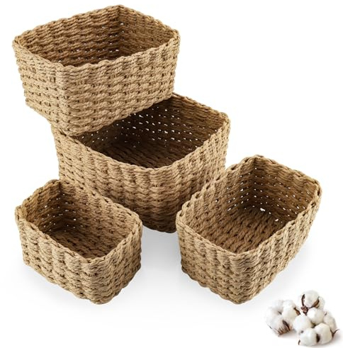 Foymlon 4 PCS Cestas Almacenaje Baño, Cestas Organizadoras Apilables, Cesta Mimbre Almacenaje Utilizar para Recoger Ropa, Juguetes y Cosméticos, para Cocinas, Dormitorios, Salas de Estar