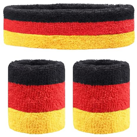 Deutschland Fanartikel Set: 1 Stirnband & 2 Schweißbänder Schwarz Rot Gold für Fußball WM 2026, Elastisches Schweißband Set für Herren & Damen, DFB Fanartikel für Party & Sport