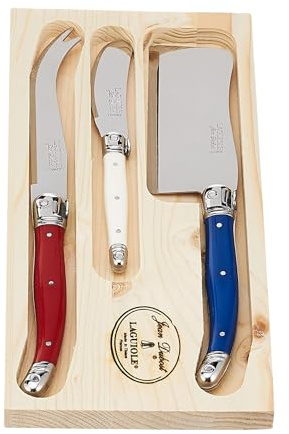 Jean Dubost Laguiole 3-Piece Cheese Knife Set, Paris-Colored Handles - Rust-Resistant Stainless Steel - Includes Wooden Tray - Made in France