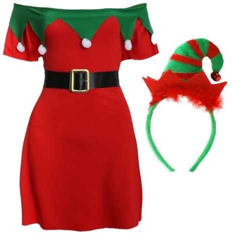 Ladies Elf Dress - Womens Off the Shoulder Red & Green Skater Dress With Mini Red & Green Elf Hat on Headband - Adults Ladies Santas Little Helper Santas Grotto Fancy Dress Costume