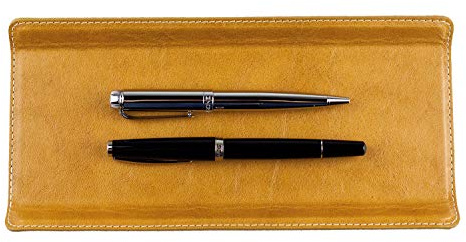 DELMON VARONE - Federschale aus Premium Leder Vintage Anilin braun - Echtleder Stiftablage für Kugelschreiber und Füller - Elegante Stifteschale mit schwerer Metalleinlage für Schreibtisch und Büro