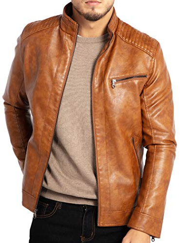 WULFUL Men's Stand Collar Leather Jacket Motorcycle Lightweight Faux Leather Outwear