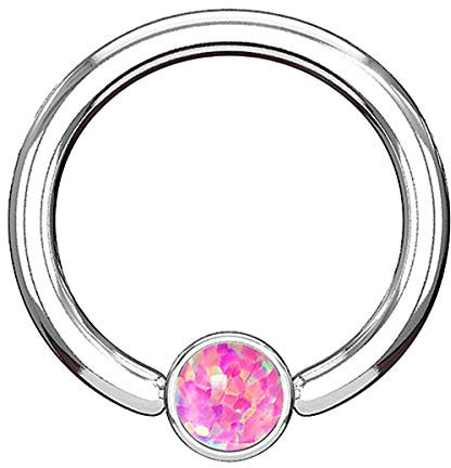 Piersando BCR Piercing Klemmring Ring Flach mit Opal Klemm Kugel Septum Nasen Lippen Helix Ohr Tragus Silber Pink 1,6mm x 10mm x 4mm