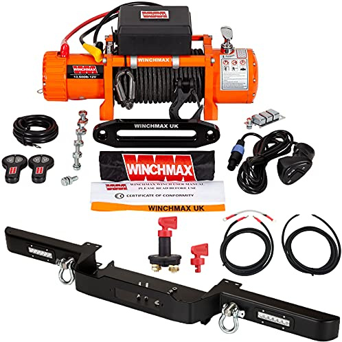 Winchmax 13,500lb (6,123kg) Original Orange 12v Electric Winch. Winch Bumber Compatible with Defender. 20m x 10mm Armorline Synthetic Rope. 3/8 Inch Tactical Clevis Hook. Wiring Kit & Isolator.