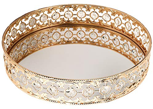 Homtone Vassoio decorativo decorato con cristalli a specchio 30 cm, vassoio cosmetico per trucco, vassoio per profumo per vanità, comò, bagno, camera da letto (oro)