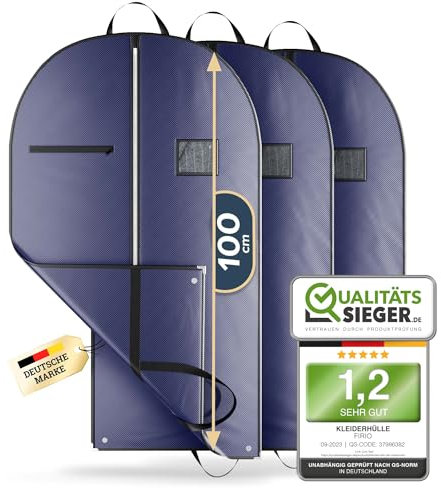 FiRiO® 3 x Premium Kleidersack für Anzug, Hemd & Co - BIS 50% DICKERES Material - Faltbare Business Anzugtasche - Atmungsaktive Kleiderhülle für Reise & Aufbewahrung - Kleidersäcke - Größe: 100x60cm