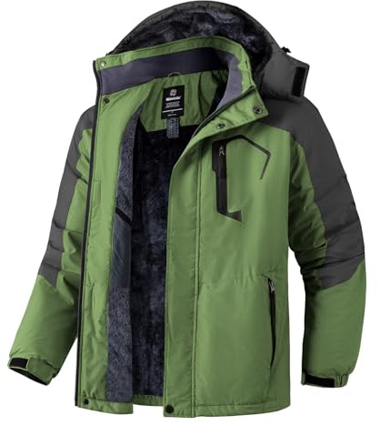Wantdo Skijacke Herren Wasserdicht Winter Fleece Mantel mit Kapuze Grün XL