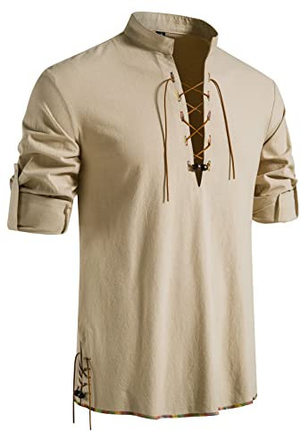 LucMatton Herren Retro Schnürung Mittelalter Kostüm Shirts für Halloween Cosplay Wikinger Pirat Steampunk Vampir Renaissance Gothic Viktorianische Kleidung Khaki Groß