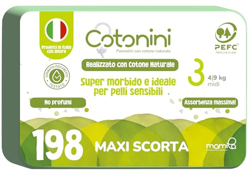Mamila Pannolini Taglia 3 198pz (4-9 kg) con Cotone Naturale Made in Italy, Cotonini Ultra Assorbenti, Sottili e Ipoallergenici Pannolino Unisex Ideale per Neonati con Pelli Sensibili