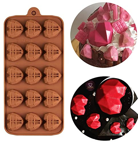 15 Cavity Diamond Heart Silicone Chocolate Mold - Heart Moulds Ice Cube Trays Candy Baking Tray for Sweet Treats