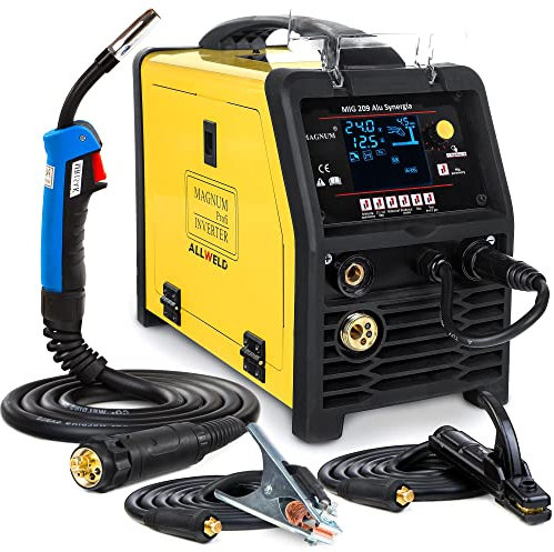 MIG 209 ALU LCD - Synergisches 3 in 1 MIG MAG Schweißgerät - Schutzgas und Fülldraht für: Aluminium, Schwarzstahl, Edelstahl, Lötschweißen - WIG und MMA - Set:Solo