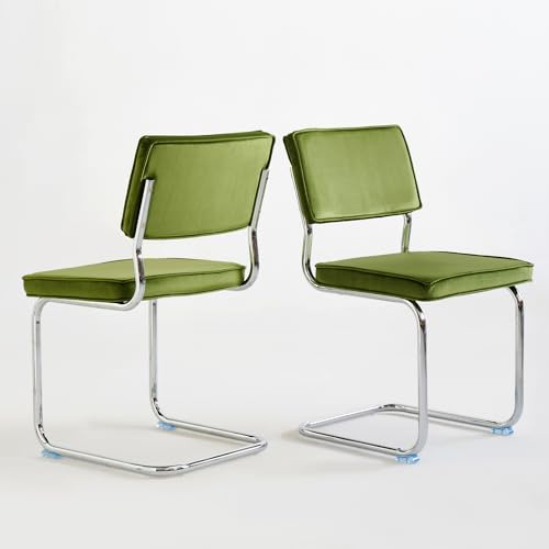 GrandNoor Green Velvet Dining Chairs,Mid Century Morden Dining Chairs, Minimalistic Style Kitchen & Dining Room Chairs, Upholstered Comfort Chairs with Chrome Metal Legs, Set of 2
