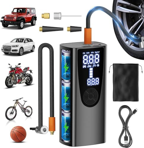 Delgeo Tragbarer Elektrische Luftpumpe,Mini Reifenpumpe 12V 6000mAh,Wiederaufladbarer Elektrischer Kompressor Fahrradpumpe 150PSI Luftkompressor mit Manometer für Auto,Fahrrad,Motorrad,Bälle, AutoOff
