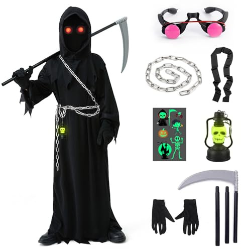 YADODO Halloween Costume da falciatrice per bambini 10 11 12 Costume falciatrice per bambini con falce Halloween Guanti Catene Falciatrice Halloween Mantello Nero Falciatrice Grim Reaper Costume(L)