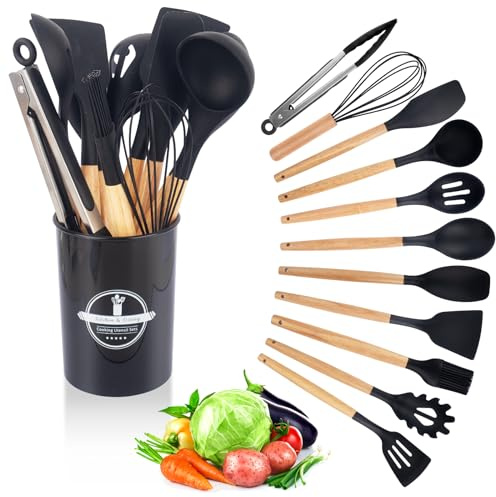 Kitchen Utensil Set 12 PCS Silicone Cooking Utensils Set with Wooden Handle Non-Stick Cooking Spoons Utensil Sets Silicone Kitchen Utensils Set Heat Resistant Kitchen Tools Heat Resistant Set (Black)