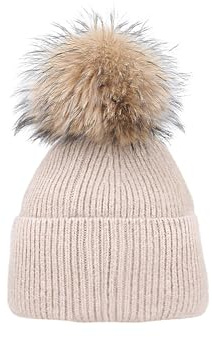 QUEEN HELENA Cappello Invernale con PON PON in Vera Pelle Berretto Caldo Casual Zuccotto Donna CP304