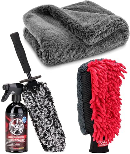 Ivality Auto Reinigungsset 4-in-1 mit 1800 GSM Mikrofaser Trockentuch 50x80 cm, Felgenreiniger 500 ml, Felgenbürste & 3-in-1 Waschhandschuh - Komplett Autopflege & Waschen Zubehör Set