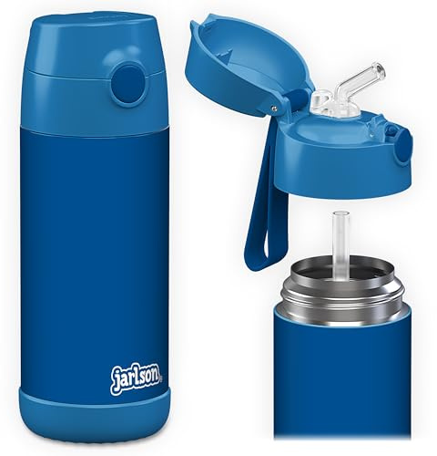 Jarlson® Trinkflasche Kinder Edelstahl Charli [MIT STROHHALM] - Thermosflasche Auslaufsicher - Thermoskanne - Water Bottle Kids - Thermo Trink Flasche für Schule & Kindergarten (350ml, Blau)