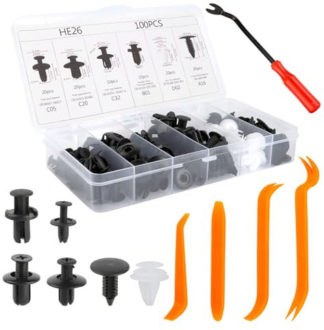 105 Piezas Grapas Coche, Herramientas Coche Grapas Coche, Remaches Plastico Coche Universal, Clips de Fijación para Coche, Clips Fijación Plástico,con Herramientas Desmontaje Bridas,para Parachoques
