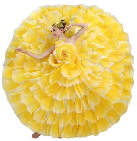 OTMYIGO Frauen Lange Flamenco Kleid Gypsy Spanisch Rock Big Swing Karneval Party Ballsaal Bauchtanz Kostüme Kleid ​,Yellow720°,XXL