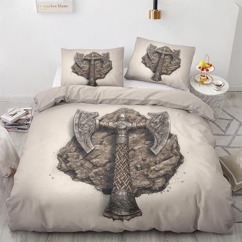 WQIZXCW Wikinger Bettwäsche 155x200 - Viking Motiv, Weiche und Angenehme Microfaser Bettbezug Set 2 Teilig, 1 Kissenbezug 80x80, mit Reißverschluss, Wendebettwäsche & Zimmer Deko