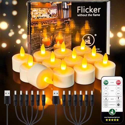 HL Wiederaufladbare LED Teelichter,50+Stunden Aufladbare Kerzen mit Fernbedienung und Timer, Fammenlose LED-Kerzen,4 x 4.7cm Flackernde Votivkerzen Heimdekoration,12Stück, Bernstein