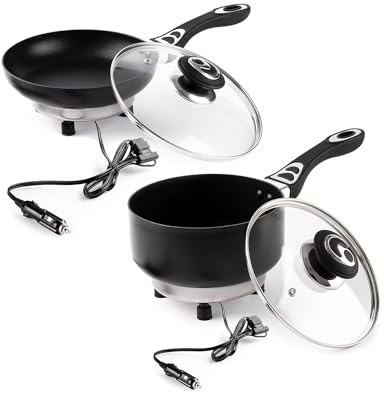 Zone Tech Ensemble poêle et casserole 12 V avec couvercles en verre, poêle anti-adhésive portable de 19 cm et casserole de 2 litres, poignées qui restent froides, chauffage rapide, portable, parfait