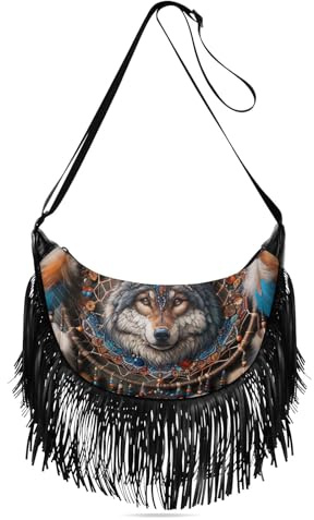 Sac à main à franges mythique déesse et léopard pour femme, Attrape-rêves loup style bohème
