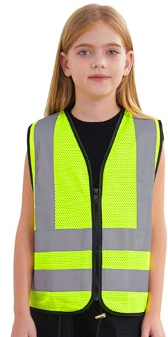 MSemis Gilet de Haute Visibilité pour Garçon et Fille - Sécurité Standard Sans Manches, Réfléchissant Zippé, Signalisation, Travail - 3-12 Ans, Jaune Fluo, B - 10-12 Ans
