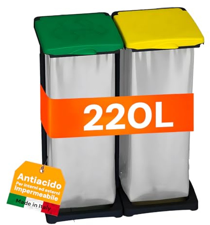 Avilia Portasacco Doppio Raccolta Differenziata - Resina PP Riciclata, 80-110L, Resistente alle Intemperie - Verde/Giallo - Made in Italy - Ideale per Esterni ed Interni