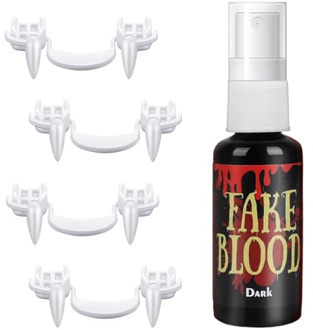 4 Paires Dents de Vampire, Fausse Dent Vampire avec Pellets de Colle, Dents Zombie, Dent de Vampire Adulte Enfant avec 60ml Spray Faux Sang, Dents Vampire Decoration (B)