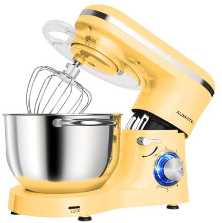 Aumate Robot Pâtissier, Robot de Cuisine Professionnel 1400 W 6,2 L, Robot Pétrin avec Fouet, Batteur et Crochet Pétrisseur, 6+P Vitesses (Jaune)